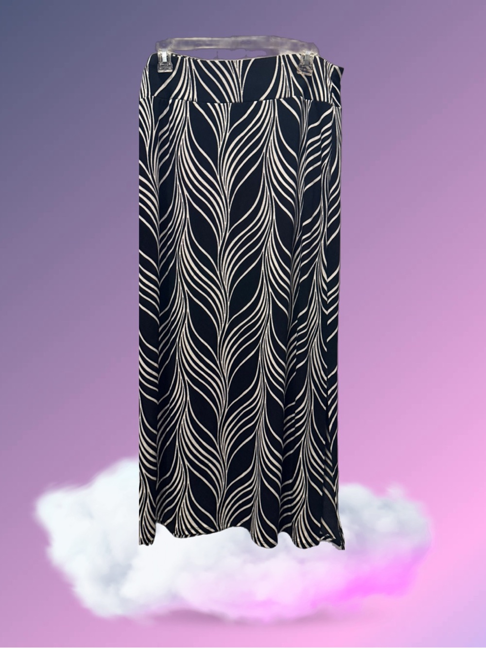 Chicos Travelers Black and White Maxi Skirt with Leaf Wave Print